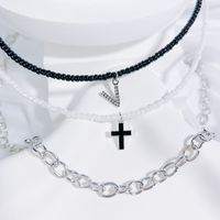 Simple Style Classic Style Cross Letter Seed Bead Copper Alloy Beaded Inlay Artificial Crystal Couple Three Layer Necklace sku image 22