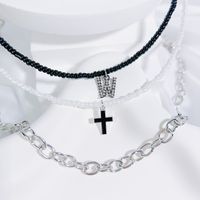 Simple Style Classic Style Cross Letter Seed Bead Copper Alloy Beaded Inlay Artificial Crystal Couple Three Layer Necklace sku image 23