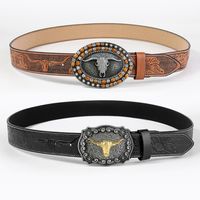 Casual Vintage Style Cattle Pu Leather Metal Button Wooden Beads Unisex Leather Belts main image 1