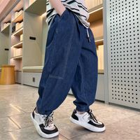 Streetwear Solid Color Elastic Waist Denim Boys Pants main image video