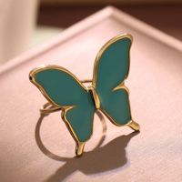 304 Stainless Steel 18K Gold Plated Cute Lady Enamel Plating Butterfly Open Rings sku image 1