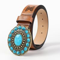 Casual Retro Simple Style Color Block Pu Leather Inlaid Turquoise Turquoise Unisex Leather Belts main image 5