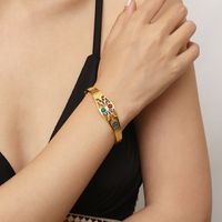 Vintage Style Solid Color 304 Stainless Steel 18K Gold Plated Opal Bangle In Bulk main image 5