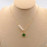 304 Stainless Steel Titanium Steel Copper Gold Plated Casual Simple Style Plating Inlay Four Leaf Clover Crystal Freshwater Pearl Pendant Necklace sku image 5