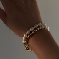 304 Stainless Steel Natural Pearls Vary In Size, Please Consider Carefully Before Ordering! 18K Gold Plated IG Style Basic Beaded Round Bracelets main image 4