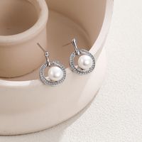1 Pair Elegant Circle Round Polishing Inlay Sterling Silver Pearl Zircon White Gold Plated Drop Earrings main image 4
