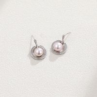 1 Pair Elegant Circle Round Polishing Inlay Sterling Silver Pearl Zircon White Gold Plated Drop Earrings main image 3