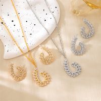 Copper 18K Gold Plated Elegant Lady Streetwear Inlay Geometric Leaf Zircon Earrings Necklace Jewelry Set sku image 3
