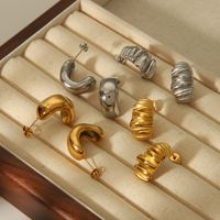 1 Piece IG Style Basic C Shape Pleated 304 Stainless Steel 18K Gold Plated Ear Studs main image 1