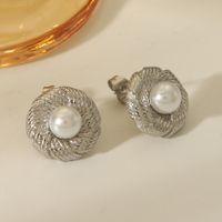 1 Piece IG Style Simple Style Round Square Inlay 304 Stainless Steel Artificial Pearls 18K Gold Plated Ear Studs main image 4