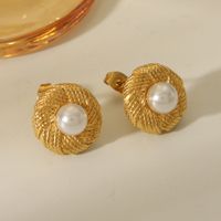 1 Piece IG Style Simple Style Round Square Inlay 304 Stainless Steel Artificial Pearls 18K Gold Plated Ear Studs main image 6