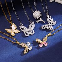 Wholesale Elegant Sunflower Flower Butterfly 304 Stainless Steel Copper Inlay 18K Gold Plated Zircon Pendant Necklace main image 2