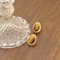 1 Pair Retro Commute Oval Inlay Stainless Steel Natural Stone 18K Gold Plated Ear Studs main image 4