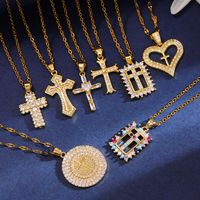 Wholesale Classic Style Cross Heart Shape Crown 304 Stainless Steel Copper Inlay 18K Gold Plated Zircon Pendant Necklace main image 7