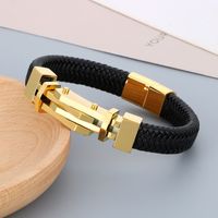 Business Color Block 304 Stainless Steel Leather Knitting 18K Gold Plated Men's Bangle main image 6