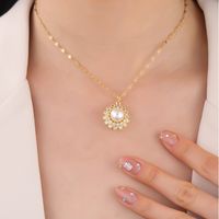 304 Stainless Steel 18K Gold Plated Cute Diamond Round Flower Zircon Pendant Necklace sku image 2