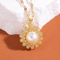 304 Stainless Steel 18K Gold Plated Cute Diamond Round Flower Zircon Pendant Necklace main image 3