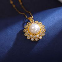 304 Stainless Steel 18K Gold Plated Cute Diamond Round Flower Zircon Pendant Necklace main image 4