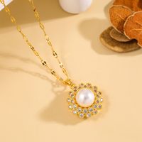 304 Stainless Steel 18K Gold Plated Cute Diamond Round Flower Zircon Pendant Necklace main image 5