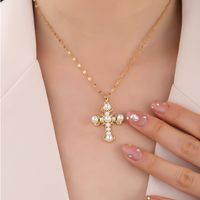 Wholesale Punk Cross 304 Stainless Steel Copper Inlay 18K Gold Plated Zircon Pendant Necklace main image 4