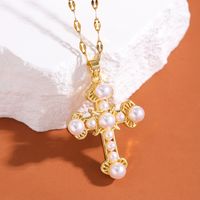 Wholesale Punk Cross 304 Stainless Steel Copper Inlay 18K Gold Plated Zircon Pendant Necklace main image 7