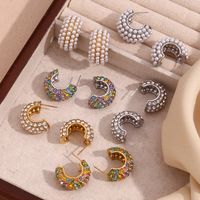 1 Pair Classic Style Color Block Inlay 304 Stainless Steel Rhinestones Pearl 18K Gold Plated Ear Studs main image 4