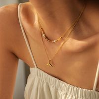 304 Stainless Steel 18K Gold Plated IG Style Simple Style Beaded Fish Tail Double Layer Necklaces main image 7