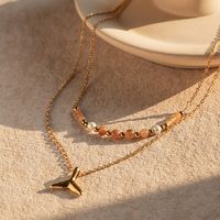 304 Stainless Steel 18K Gold Plated IG Style Simple Style Beaded Fish Tail Double Layer Necklaces main image 5