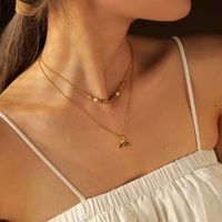 304 Stainless Steel 18K Gold Plated IG Style Simple Style Beaded Fish Tail Double Layer Necklaces main image 4
