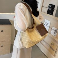 Women's Straw Solid Color Punk Beach Weave Sewing Thread Square Magnetic Buckle Shoulder Bag sku image 1