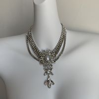 Le Cuivre Plaqué Argent Glamour Rétro Luxueux Incruster Fleur Perles Artificielles Strass Collier En Couches main image 6