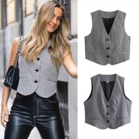 Women's Sleeveless Blazers Button Streetwear Plaid main image 1