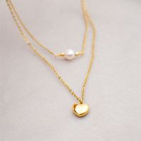 304 Stainless Steel Titanium Steel Gold Plated Simple Style Inlay Heart Shape Artificial Pearls Double Layer Necklaces Sweater Chain main image 4