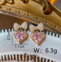 1 Paire Élégant Sucré Brillant Forme De Cœur Noeud D'Arc Incruster Le Cuivre Perle Zircon Plaqué Or 18K Boucles D'oreilles Clips D'oreille main image 2