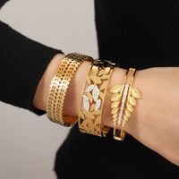 Titanium Steel 18K Gold Plated Casual Elegant Simple Style Leaves Solid Color Layered Inlay Rhinestones Bangle main image 10