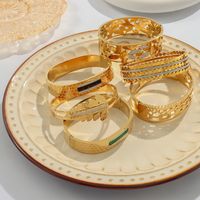 Titanium Steel 18K Gold Plated Casual Elegant Simple Style Leaves Solid Color Layered Inlay Rhinestones Bangle main image 9