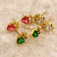 1 Pair Cute Sweet Simple Style Heart Shape Crown Hollow Out Inlay 304 Stainless Steel Zircon 14K Gold Plated Ear Studs main image 1