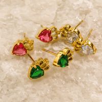 1 Pair Cute Sweet Simple Style Heart Shape Crown Hollow Out Inlay 304 Stainless Steel Zircon 14K Gold Plated Ear Studs main image 6