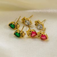 1 Pair Cute Sweet Simple Style Heart Shape Crown Hollow Out Inlay 304 Stainless Steel Zircon 14K Gold Plated Ear Studs main image 3