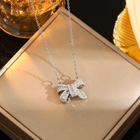 Wholesale Casual Commute Heart Shape Mermaid Bow Knot Titanium Steel Hollow Out Inlay 18K Gold Plated Zircon Pendant Necklace sku image 22