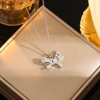 Wholesale Casual Commute Heart Shape Mermaid Bow Knot Titanium Steel Hollow Out Inlay 18K Gold Plated Zircon Pendant Necklace sku image 13