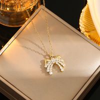 Wholesale Casual Commute Heart Shape Mermaid Bow Knot Titanium Steel Hollow Out Inlay 18K Gold Plated Zircon Pendant Necklace sku image 14