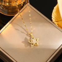 Wholesale Casual Commute Heart Shape Mermaid Bow Knot Titanium Steel Hollow Out Inlay 18K Gold Plated Zircon Pendant Necklace sku image 21