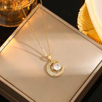 Wholesale Casual Commute Heart Shape Mermaid Bow Knot Titanium Steel Hollow Out Inlay 18K Gold Plated Zircon Pendant Necklace sku image 7