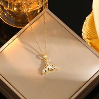 Wholesale Casual Commute Heart Shape Mermaid Bow Knot Titanium Steel Hollow Out Inlay 18K Gold Plated Zircon Pendant Necklace sku image 5