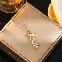 Wholesale Casual Commute Heart Shape Mermaid Bow Knot Titanium Steel Hollow Out Inlay 18K Gold Plated Zircon Pendant Necklace sku image 15