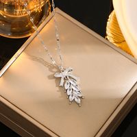 Wholesale Casual Commute Heart Shape Mermaid Bow Knot Titanium Steel Hollow Out Inlay 18K Gold Plated Zircon Pendant Necklace sku image 6