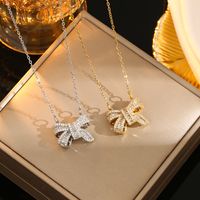 Wholesale Casual Commute Heart Shape Mermaid Bow Knot Titanium Steel Hollow Out Inlay 18K Gold Plated Zircon Pendant Necklace main image 5