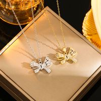 Wholesale Casual Commute Heart Shape Mermaid Bow Knot Titanium Steel Hollow Out Inlay 18K Gold Plated Zircon Pendant Necklace main image 6