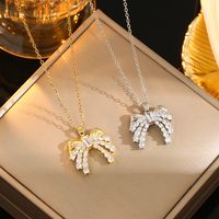 Wholesale Casual Commute Heart Shape Mermaid Bow Knot Titanium Steel Hollow Out Inlay 18K Gold Plated Zircon Pendant Necklace main image 7